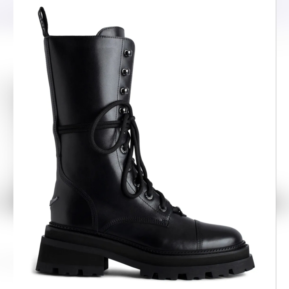 NEW $748 Zadig and Voltaire Ride Semy-Shiny Calfskin Black Leather Combat Boots